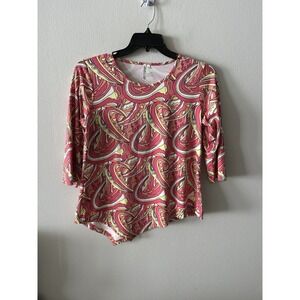 LULU B Multicolor Abstract Top Women's M Stretch 3/4 Sleeve Asymetrical Hem